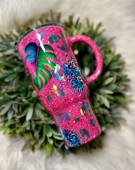 Pink monstera leopard tumbler