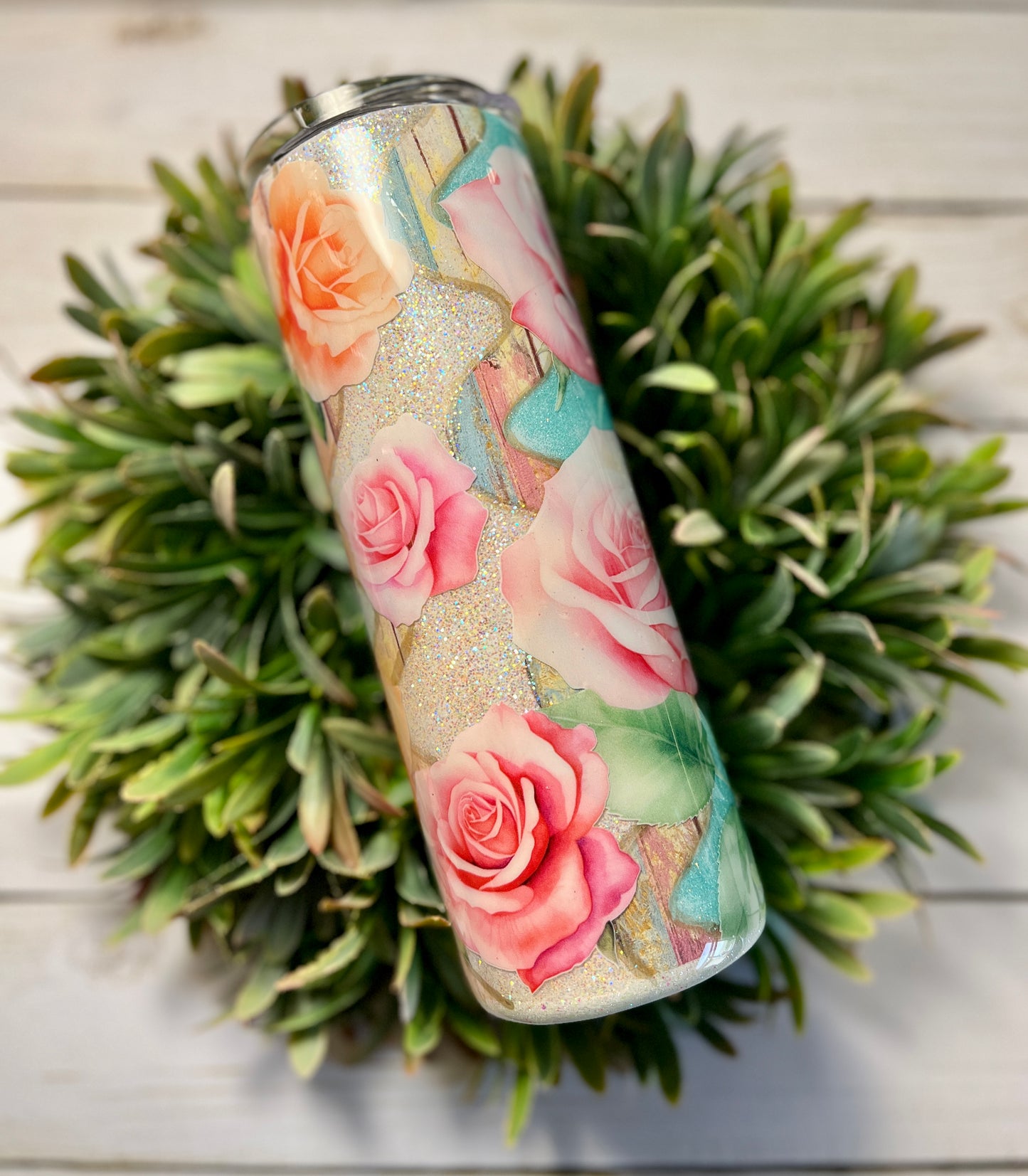 Pink and peach floral tumbler