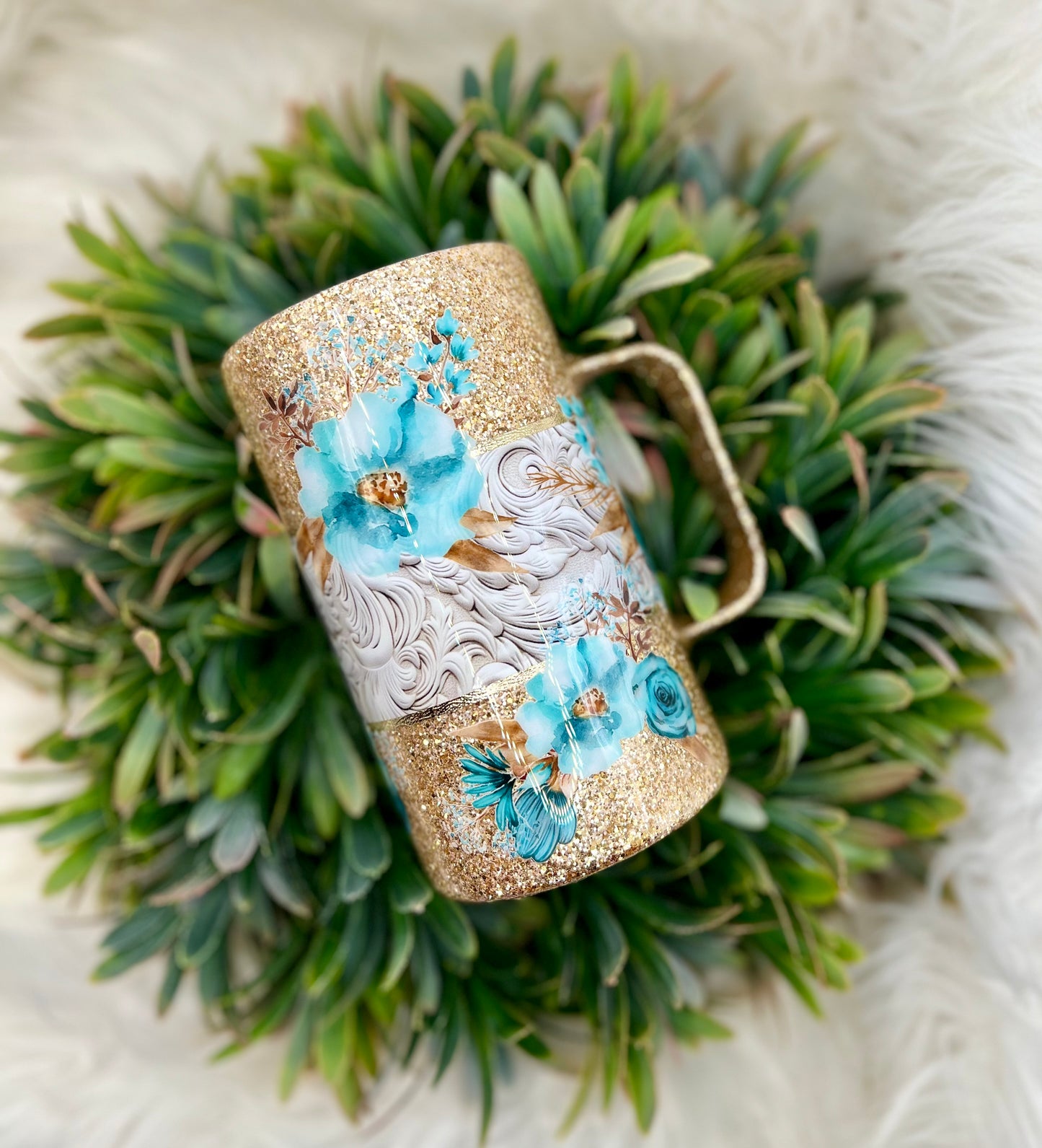 Gold and teal floral mug