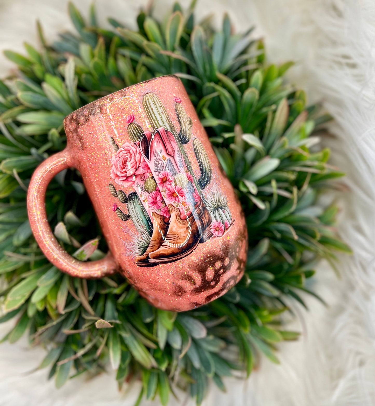 Coral cowboy boots mug