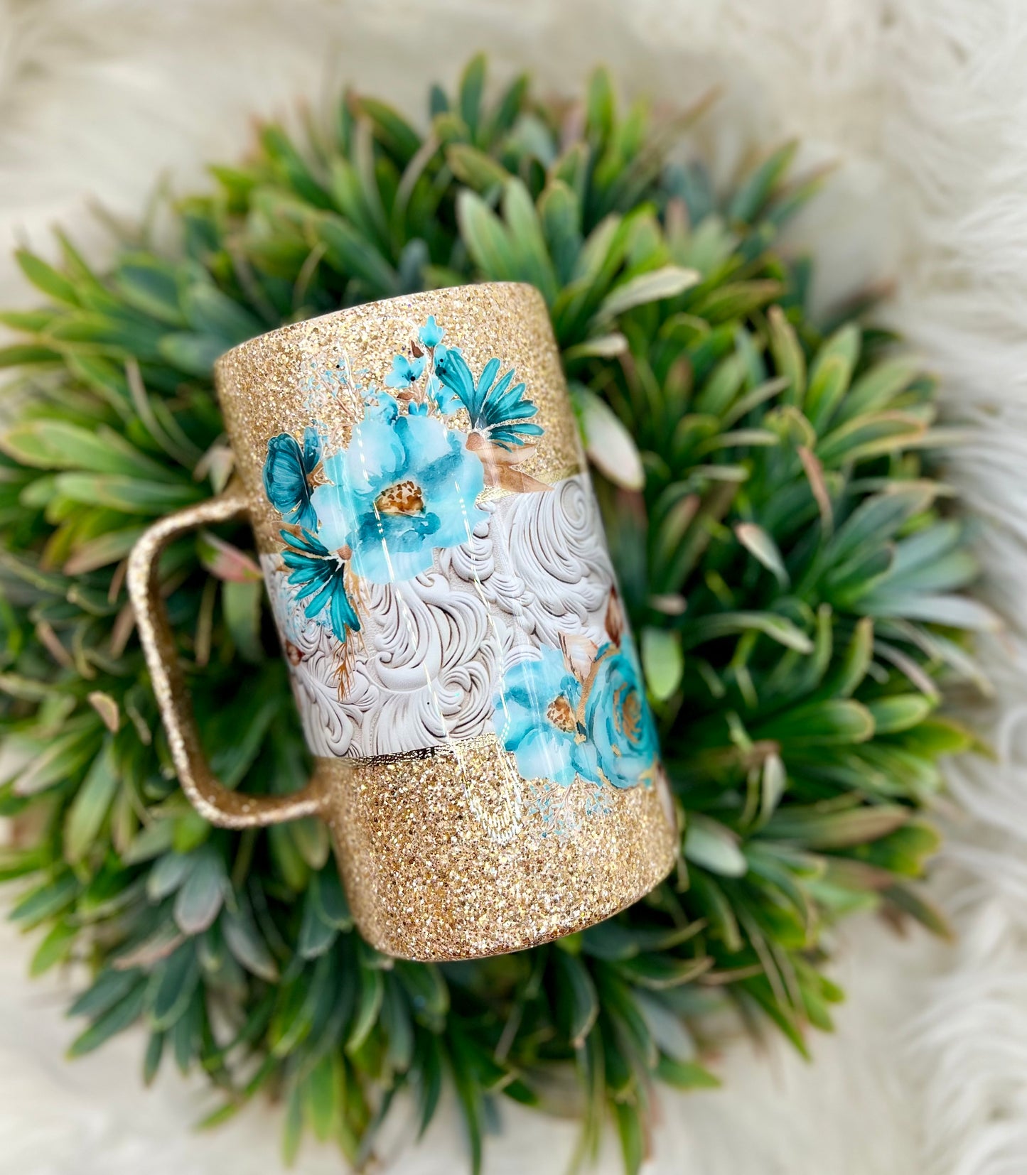 Gold and teal floral mug