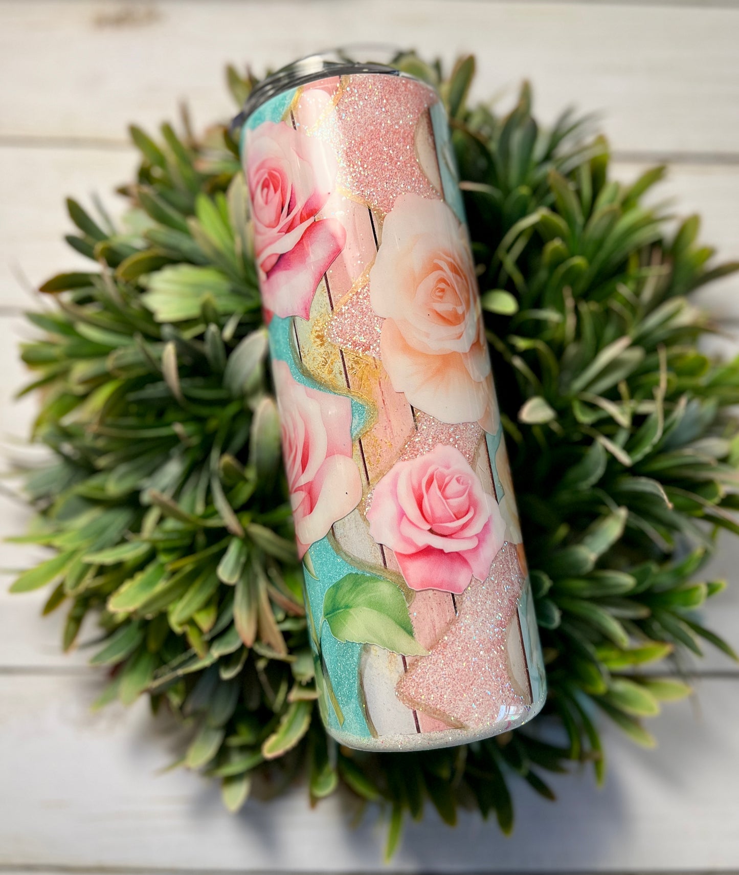 Pink and peach floral tumbler